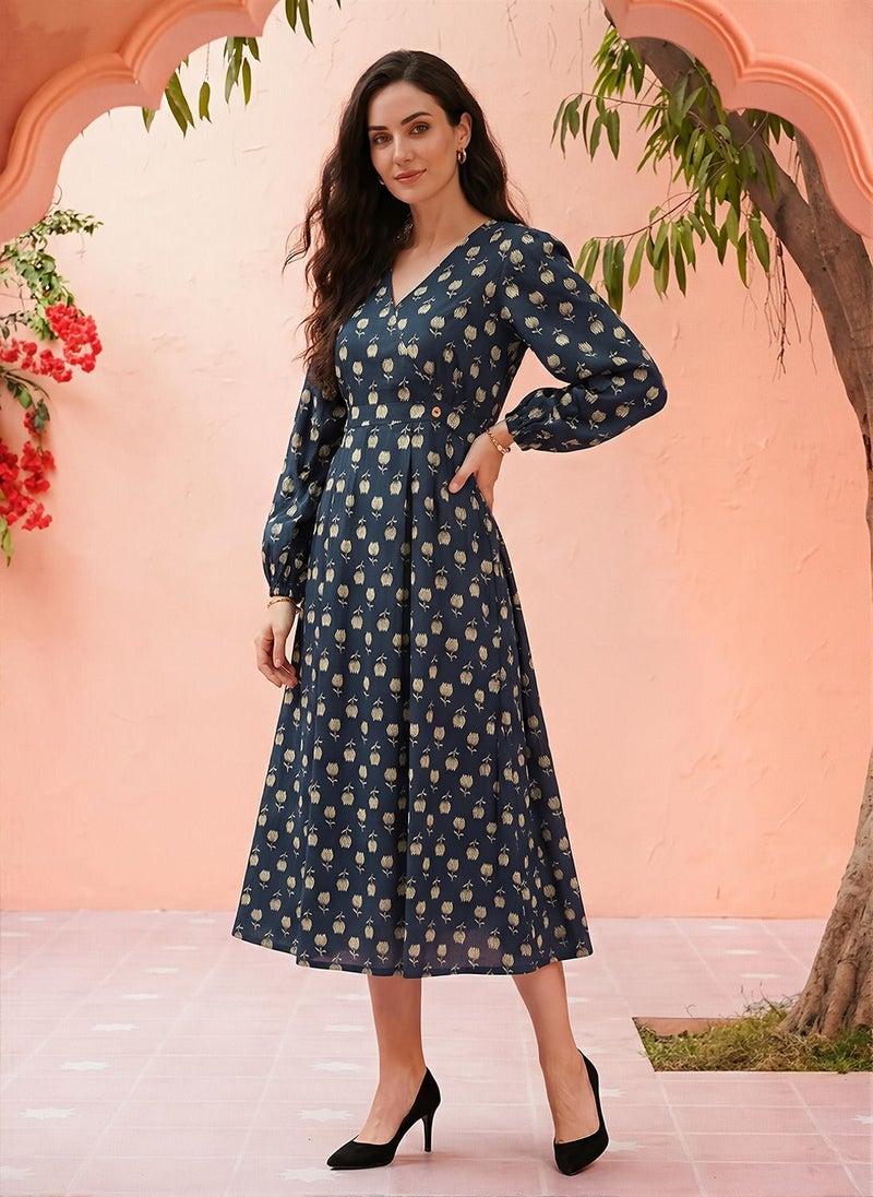 Globus Women Blue Allover Floral Printed V-Neck Bishop Sleeves Fit & Flare Midi Dress - Image 3